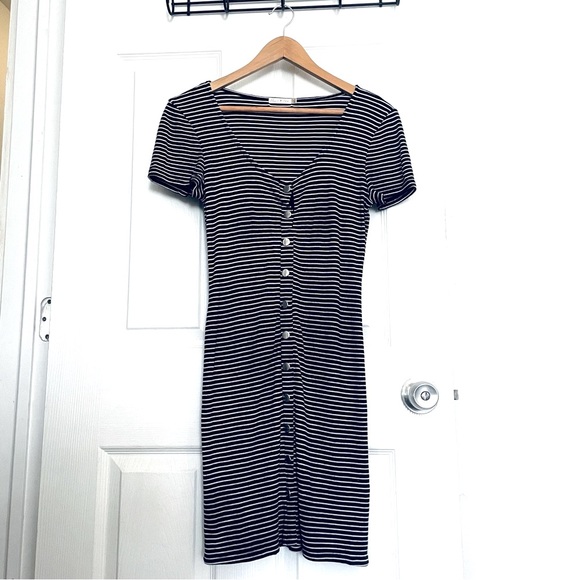 Black & White Short Sleeve Striped Bodycon Mini Dress with Buttons - Picture 1 of 7